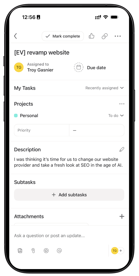 A new task created in an Asana project, with the description populated by a transcribed voice note from Epiphany