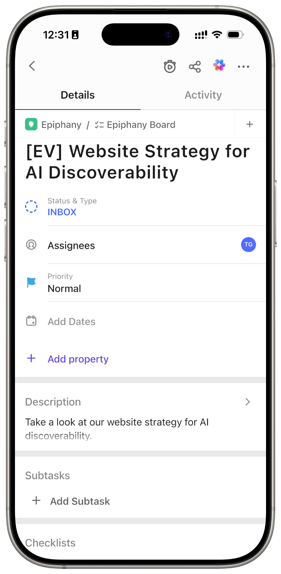 ClickUp task created from Epiphany voice recording