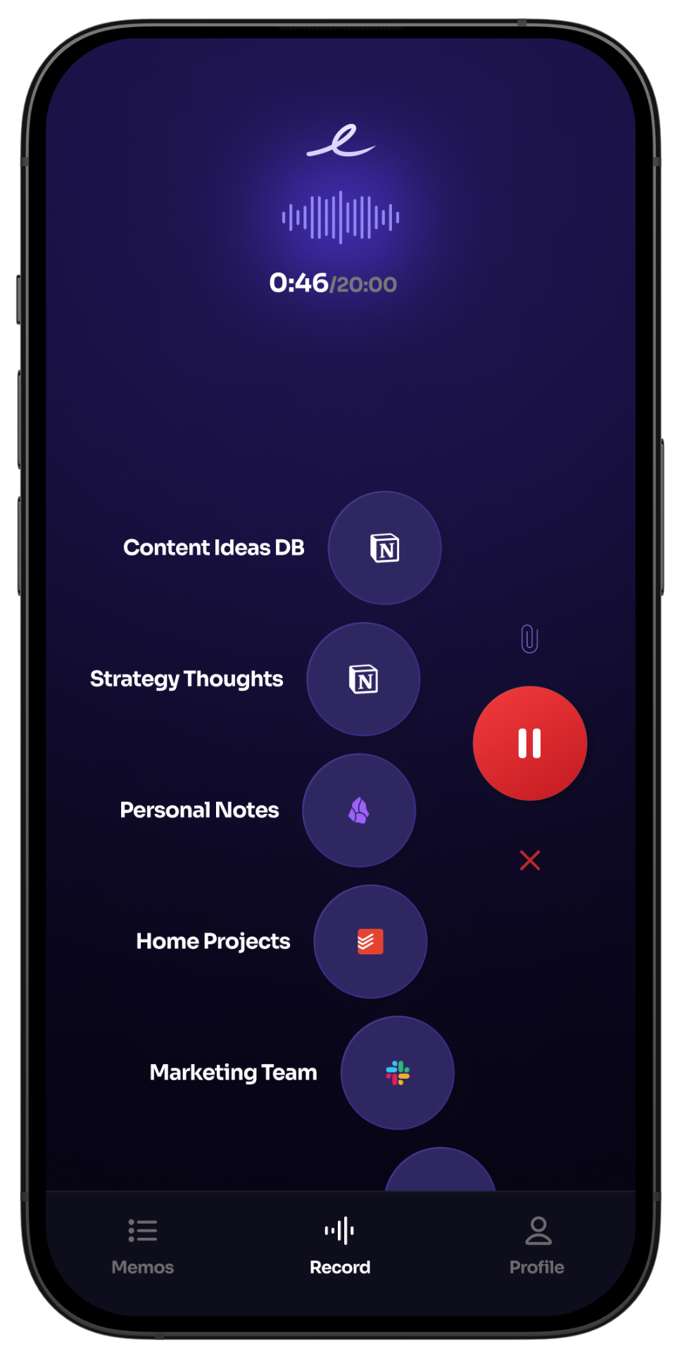 Epiphany app recording screen showing Notion capture actions
